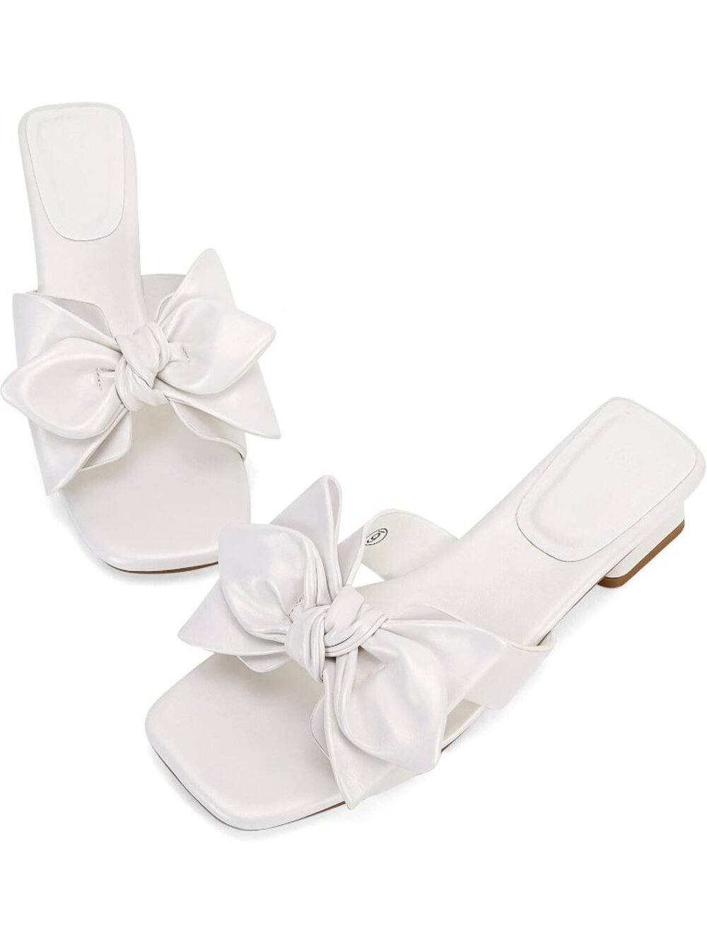 Women's White Summer Bow Dressy Low Heel Open Toe Mules Slip on Heeled Sandals